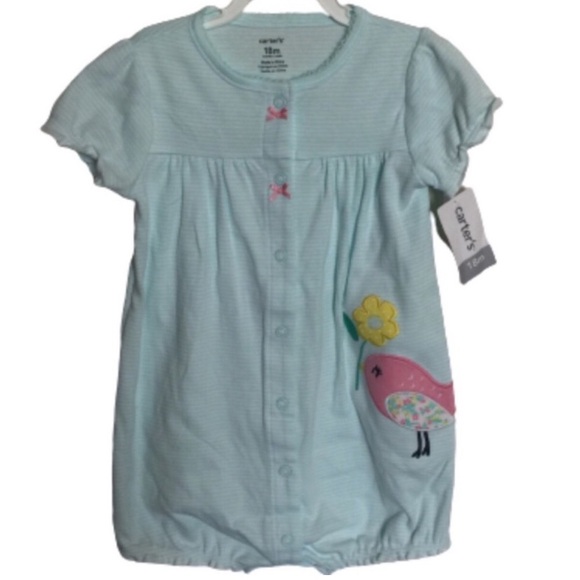 Carter's Other - CARTER’s Romper Snap Up Bird Flower Striped Light Aqua Baby Size 18 Months NWT
